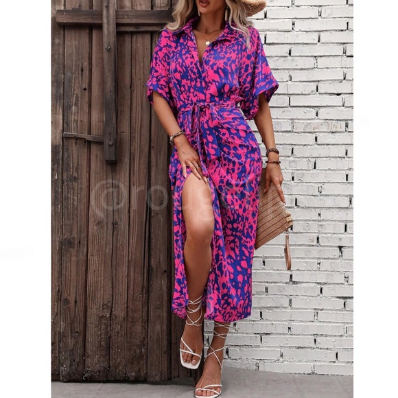 Spotted All Over Print Button Through Tie Belt Ruched Maxi Shirt Dress Blue Pink - Picture 2 of 10